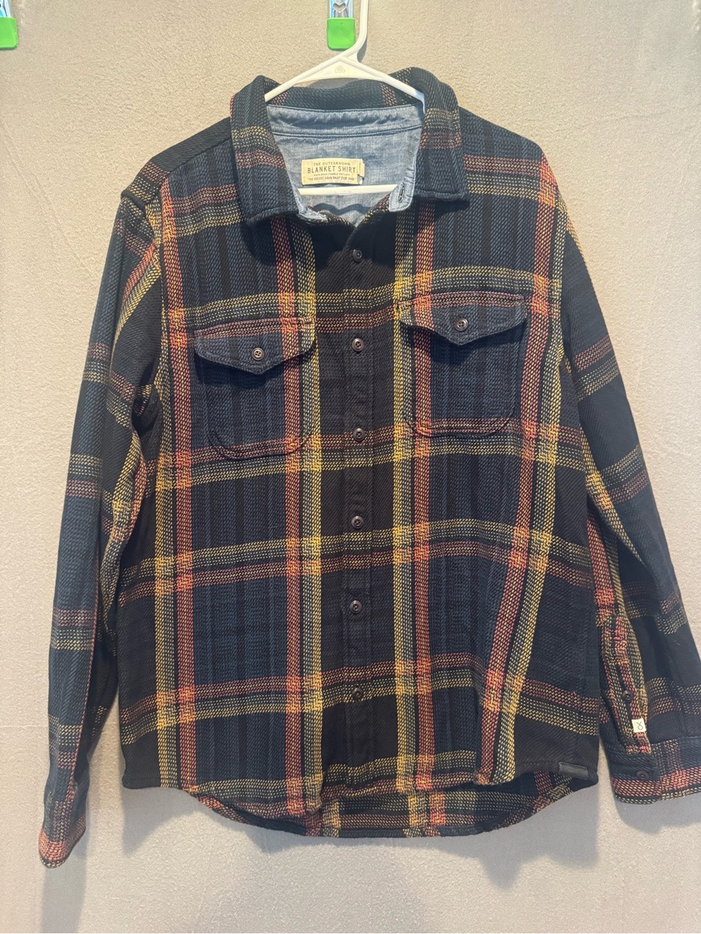Outerknown Men's Blanket Shirt Black Plaid Button-Down Shirt with Yellow Accents